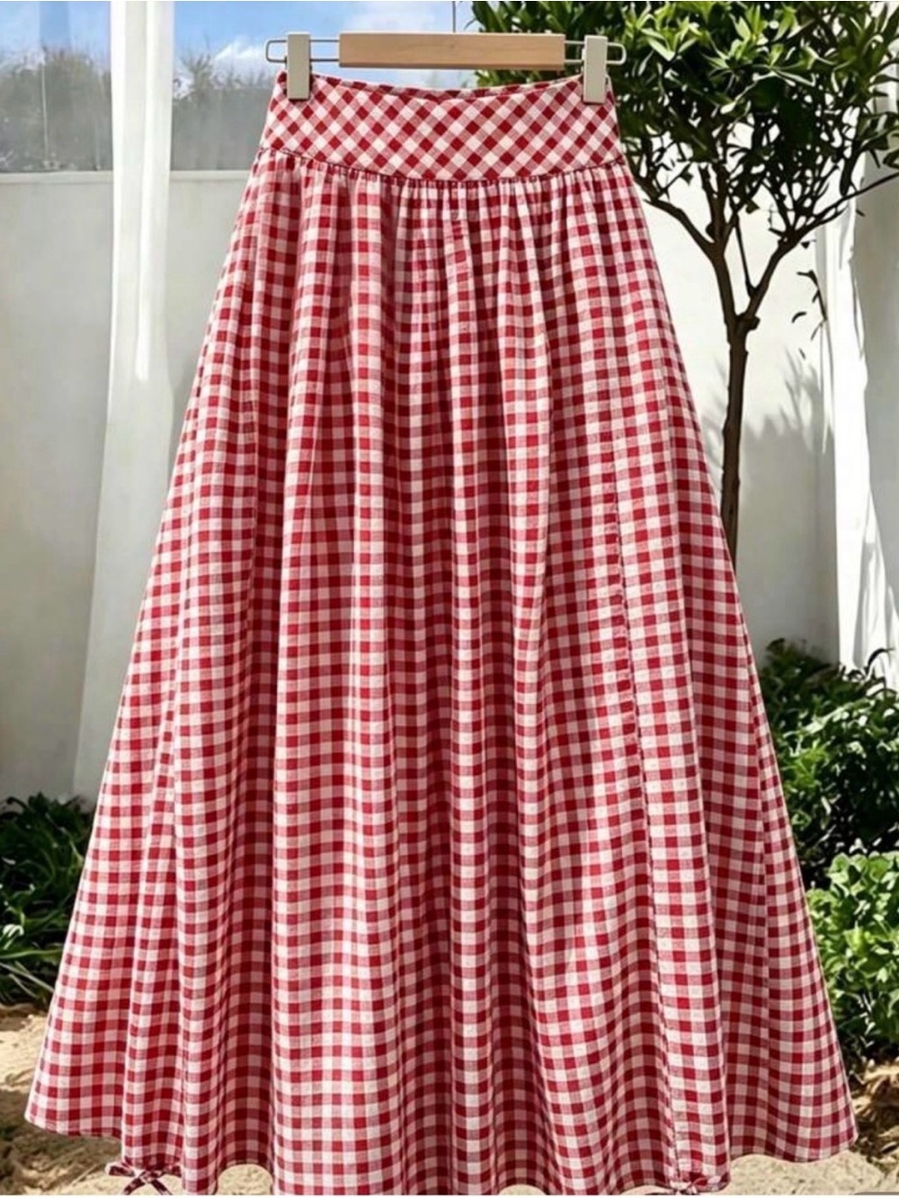 Red Gingham Ruched Midi Skirt -  Women - Picture 3 of 3